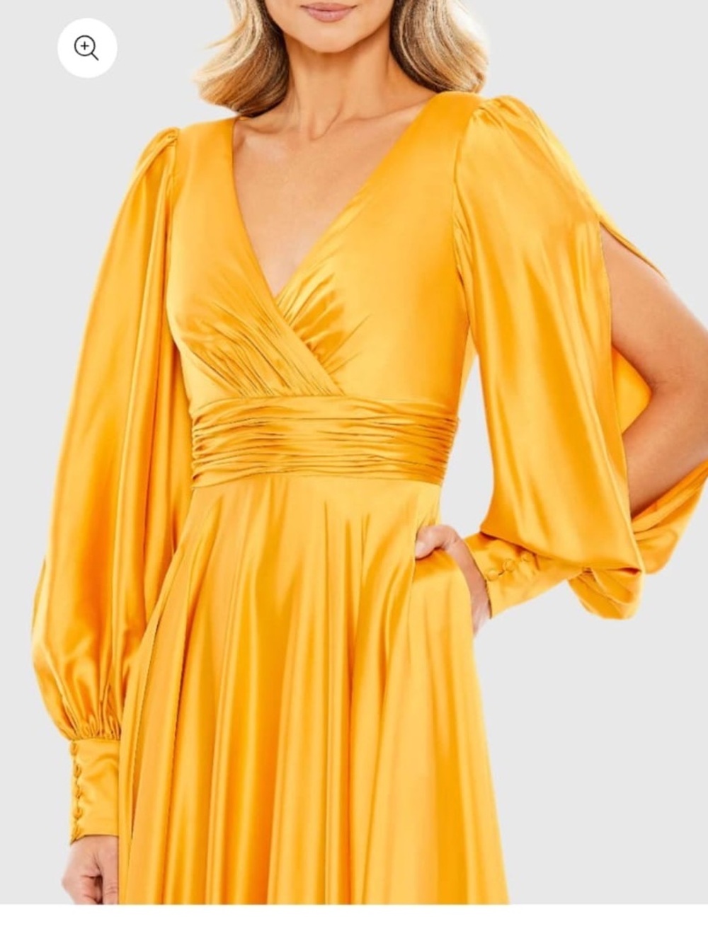 NWT Mac Duggal Yellow Split Bishop Sleeve Wrap Over Flowy
Gown Size 12 - Picture 4 of 8